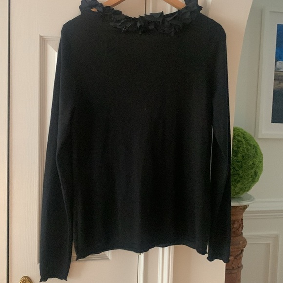 Magaschoni BLACK Sweater Silk & Cashmere Blend Flowers Trim Ruffles Large - Picture 7 of 8